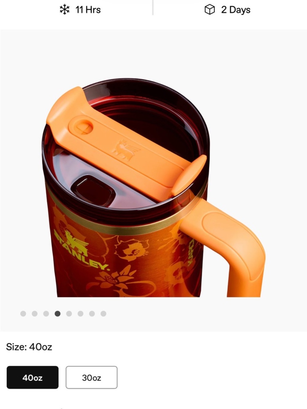 Karol G Stanley 40oz Tumbler in Red & Orange Gradient with Floral Accent - Picture 3 of 5